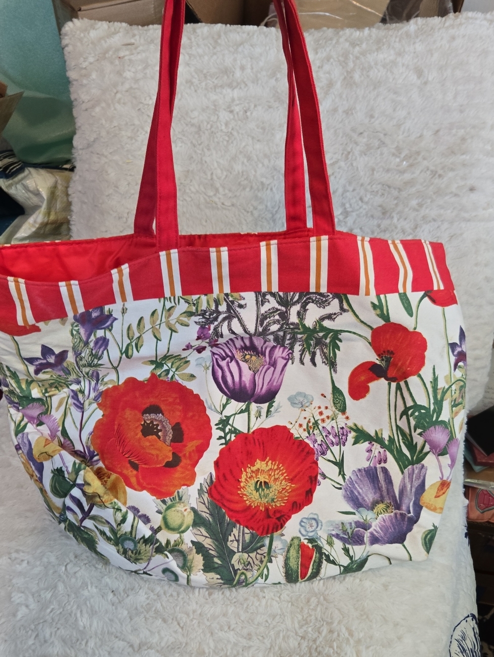 Floral Canvas Tote Bag with Red Accents